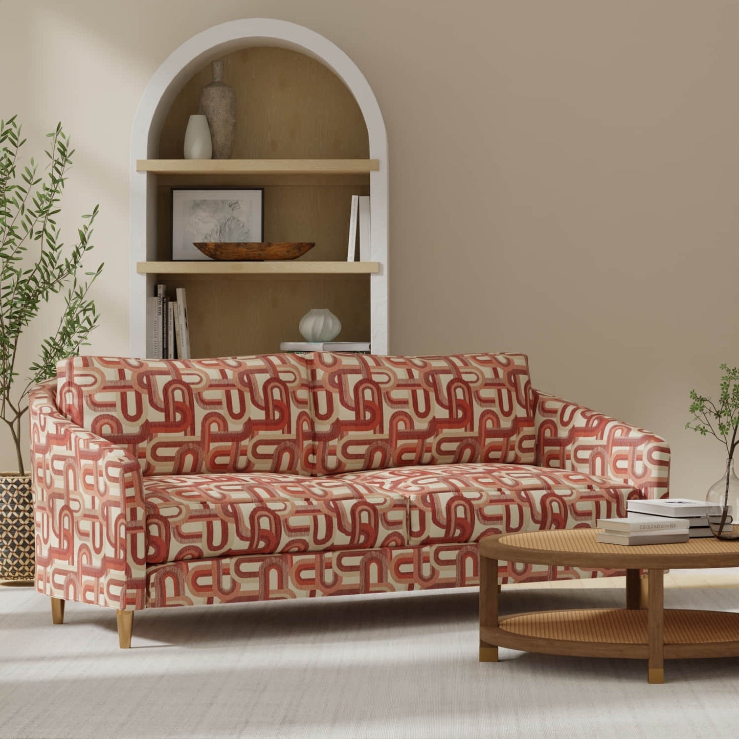 Belagio Cherry upholstered on a couch
