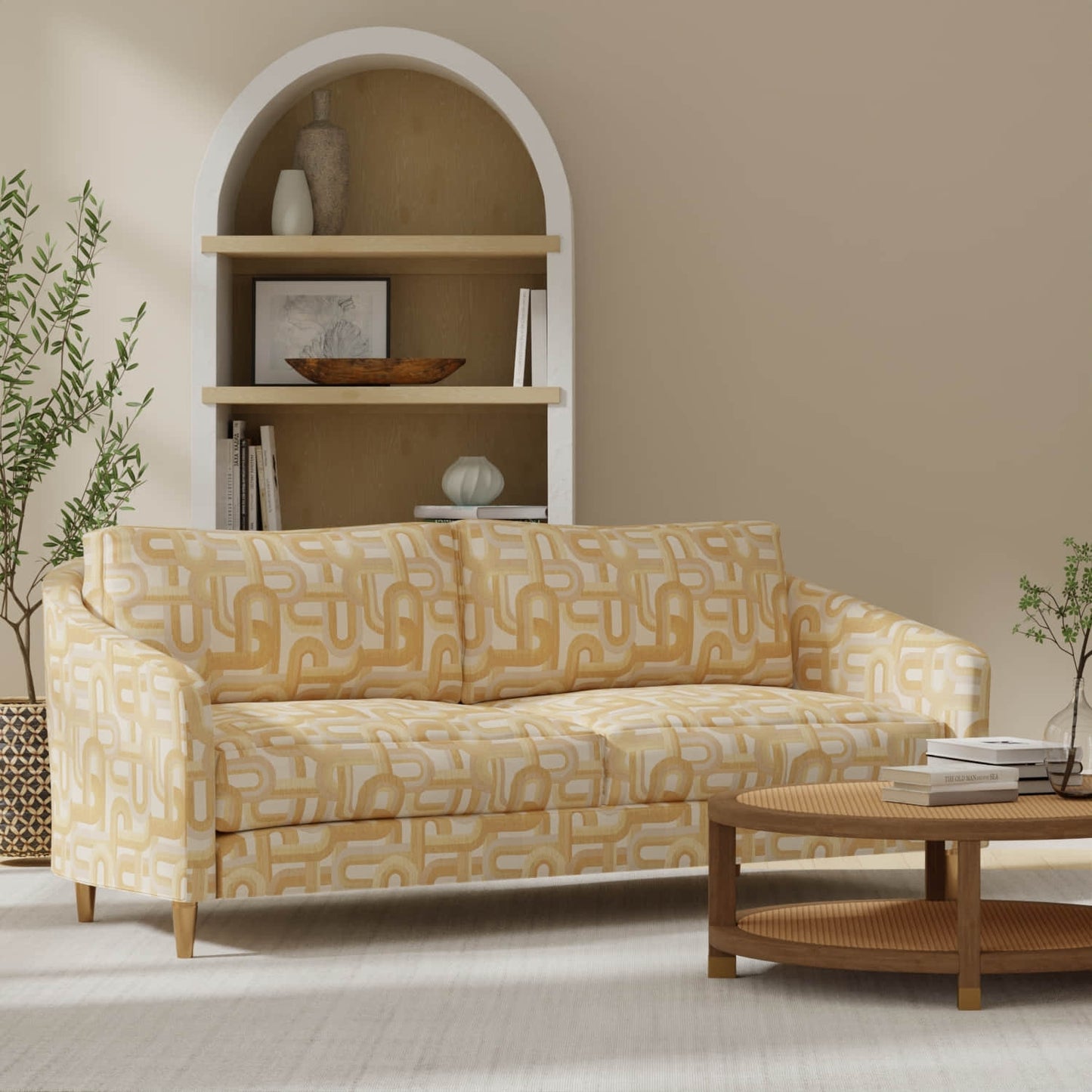 Belagio Honey upholstered on a couch