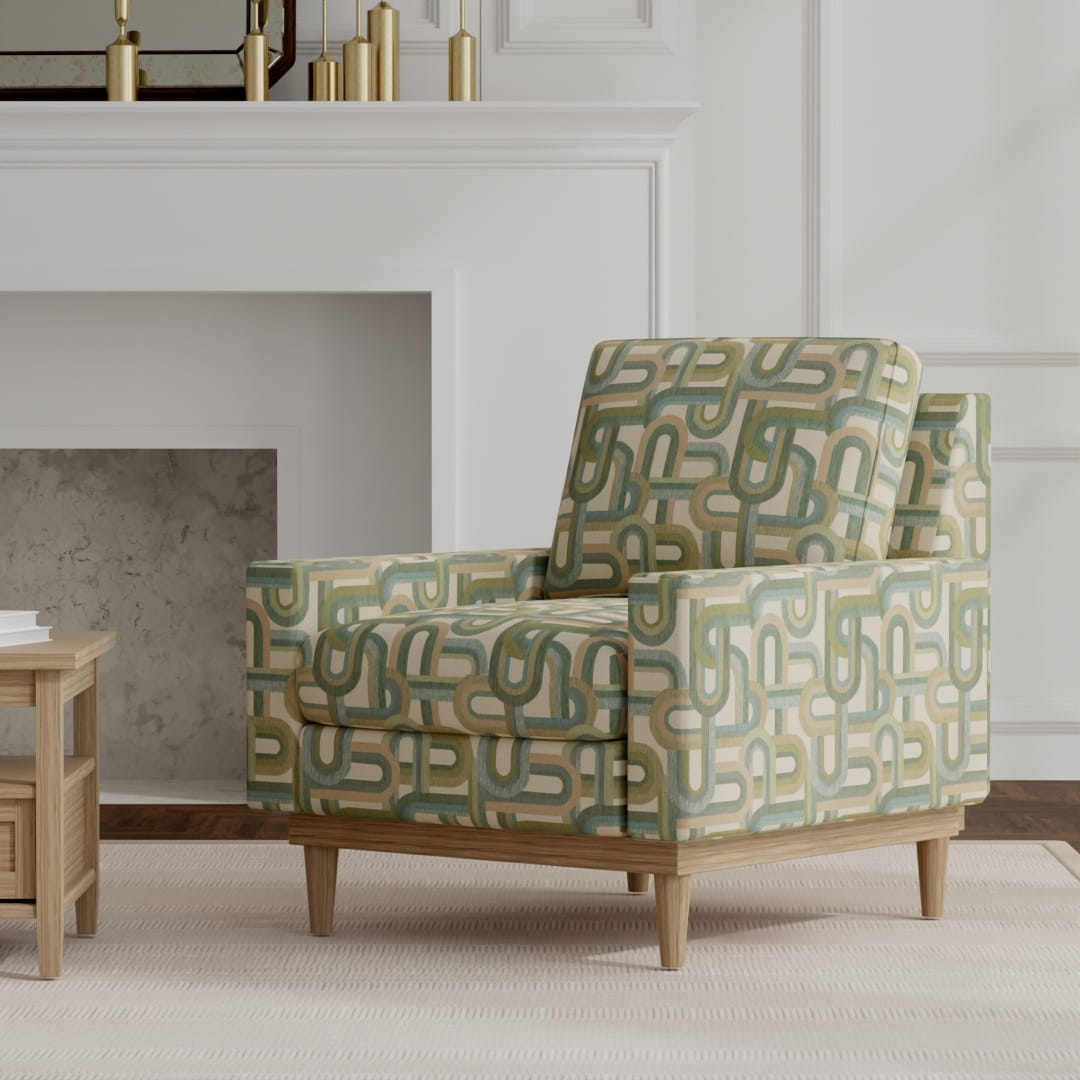 Belagio Sage upholstered on a mid century modern chair
