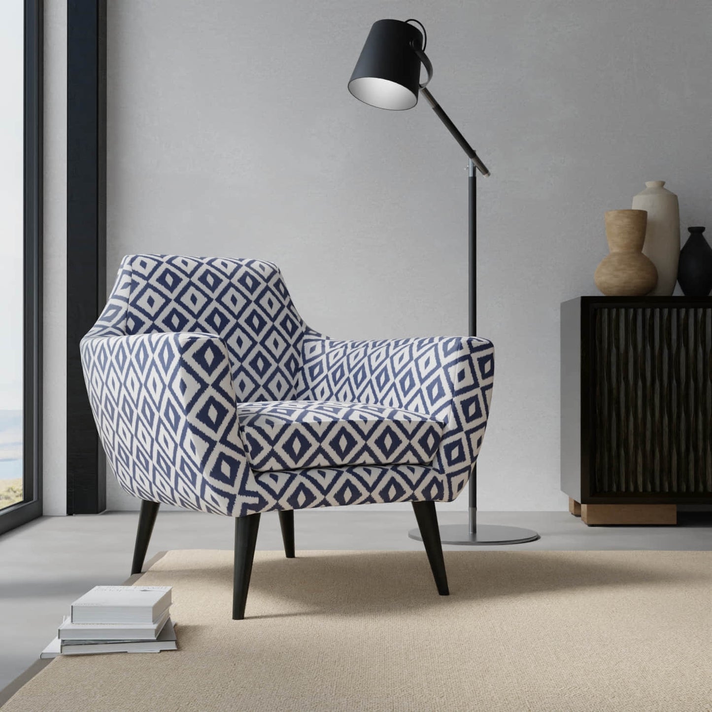 Belize Denim upholstered on a contemporary chair