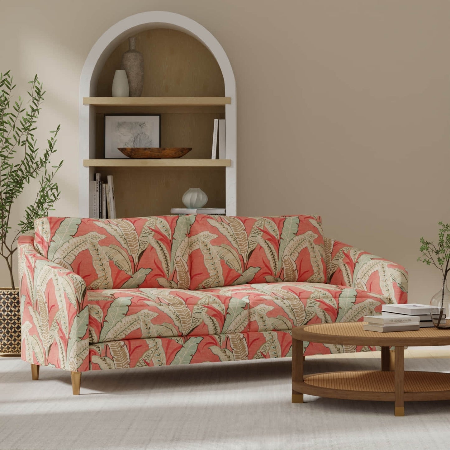 Berkley Coral upholstered on a couch