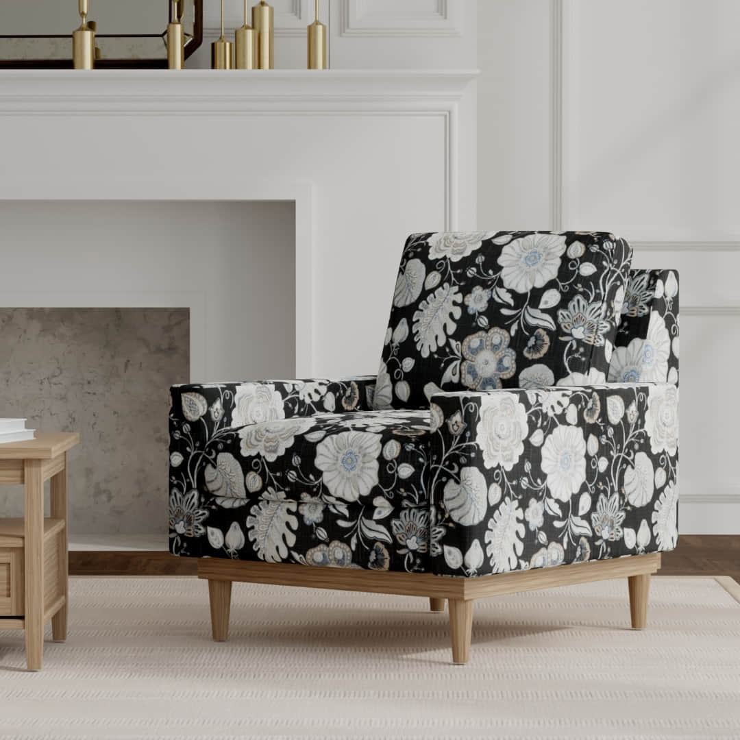 Blaine Midnight upholstered on a mid century modern chair