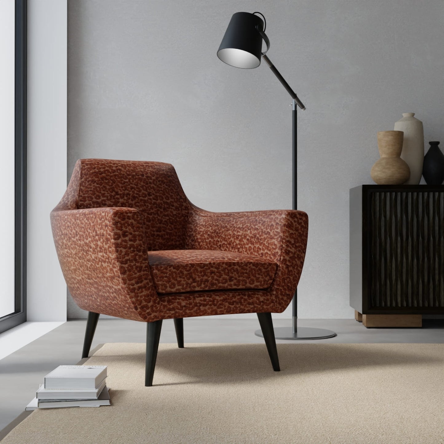 Bobbi Burnt Orange upholstered on a contemporary chair