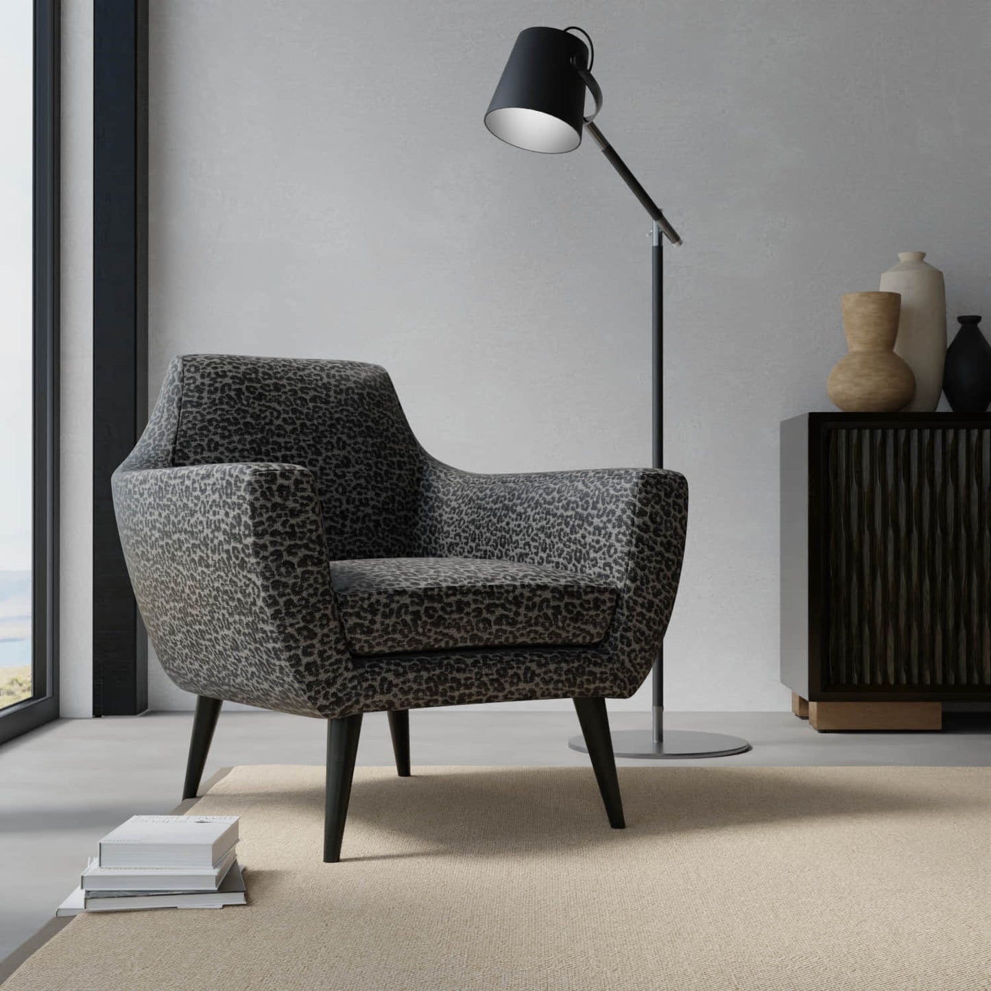 Bobbi Graphite upholstered on a contemporary chair