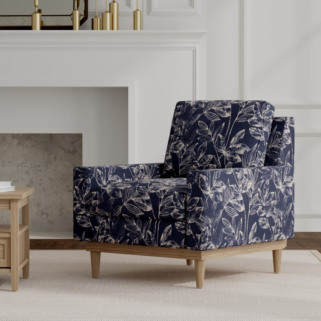 Brady Midnight upholstered on a mid century modern chair