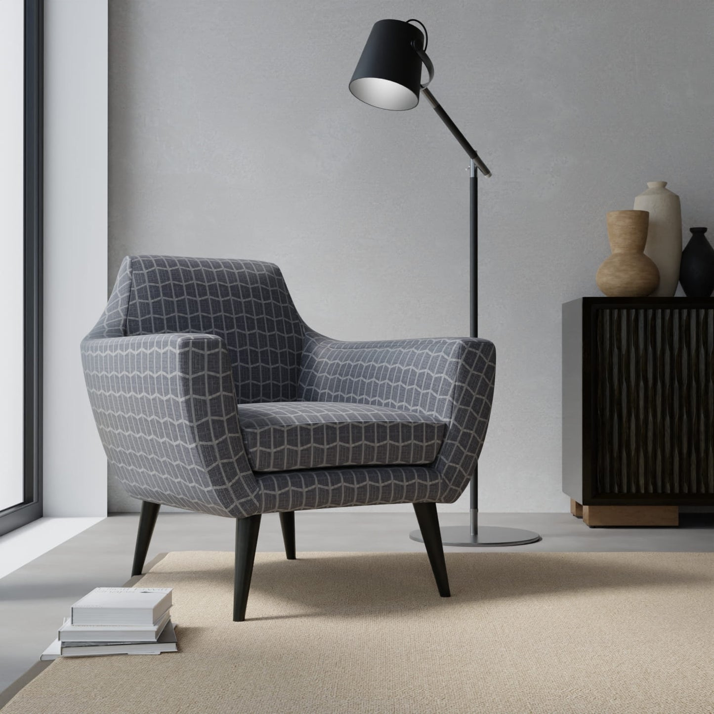 Brent Denim upholstered on a contemporary chair