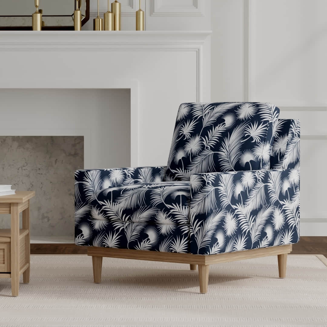 Cabos Navy upholstered on a mid century modern chair