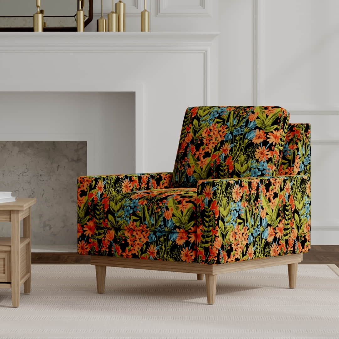 Cayman Night upholstered on a mid century modern chair