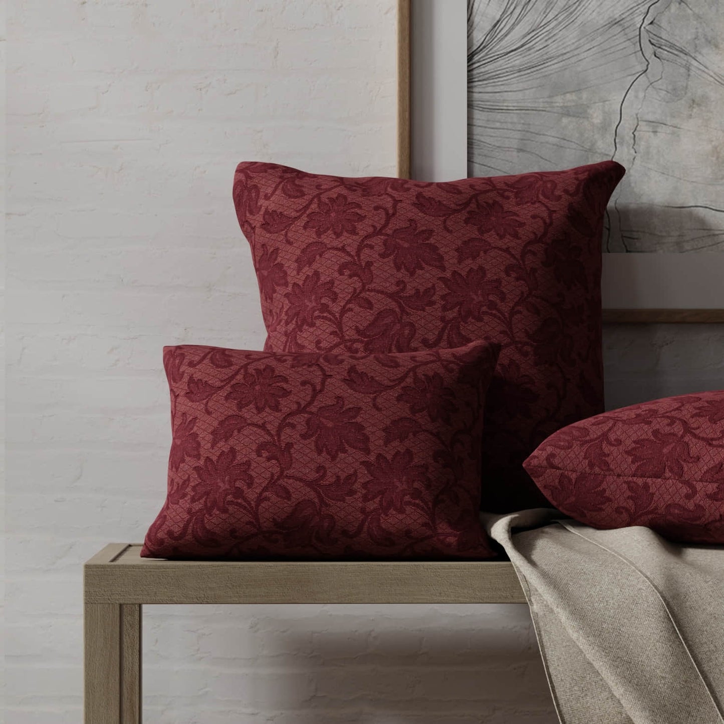 Delray Cranberry made up on pillows