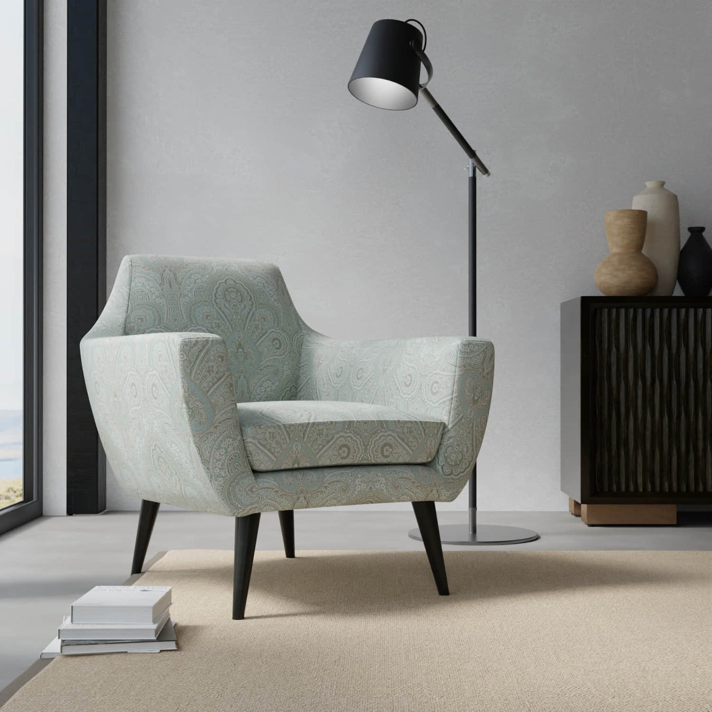 Dunbar Aqua upholstered on a contemporary chair