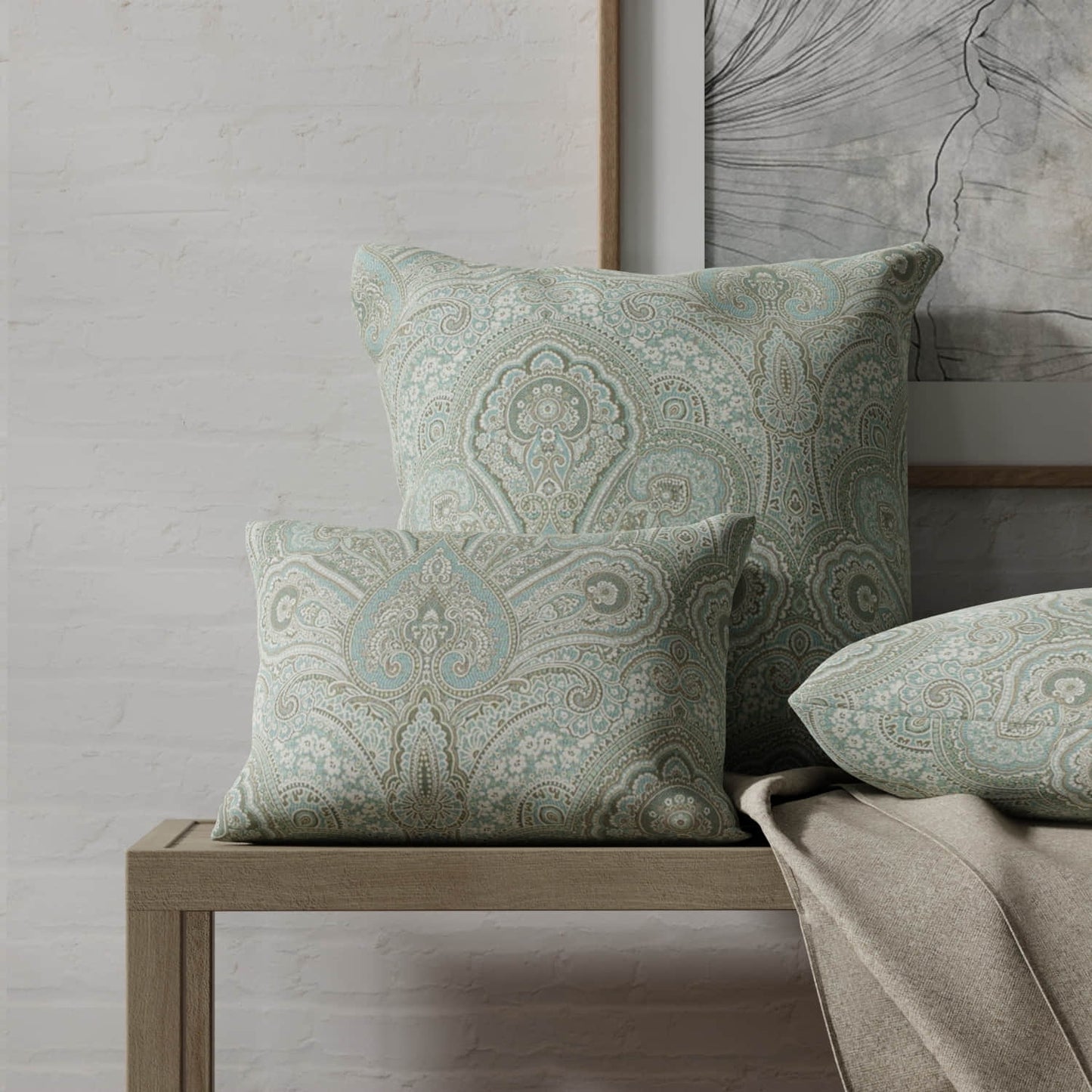 Dunbar Aqua made up on pillows