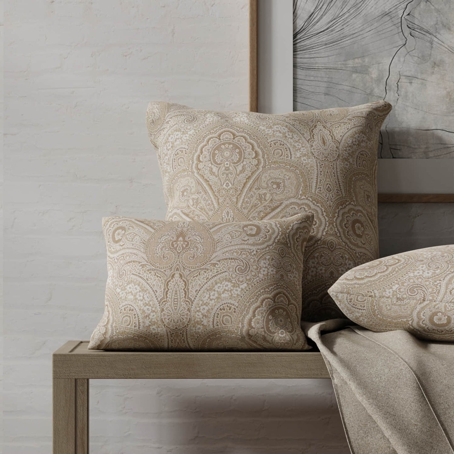 Dunbar Beige made up on pillows