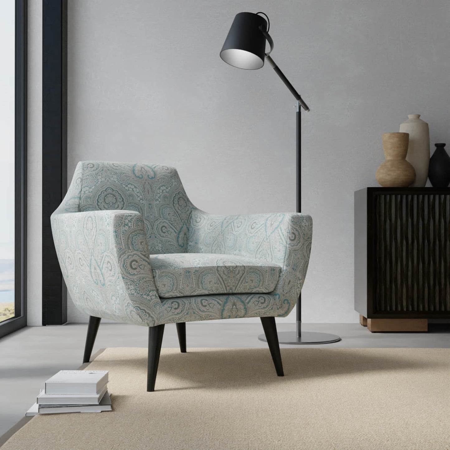 Dunbar Turquoise upholstered on a contemporary chair