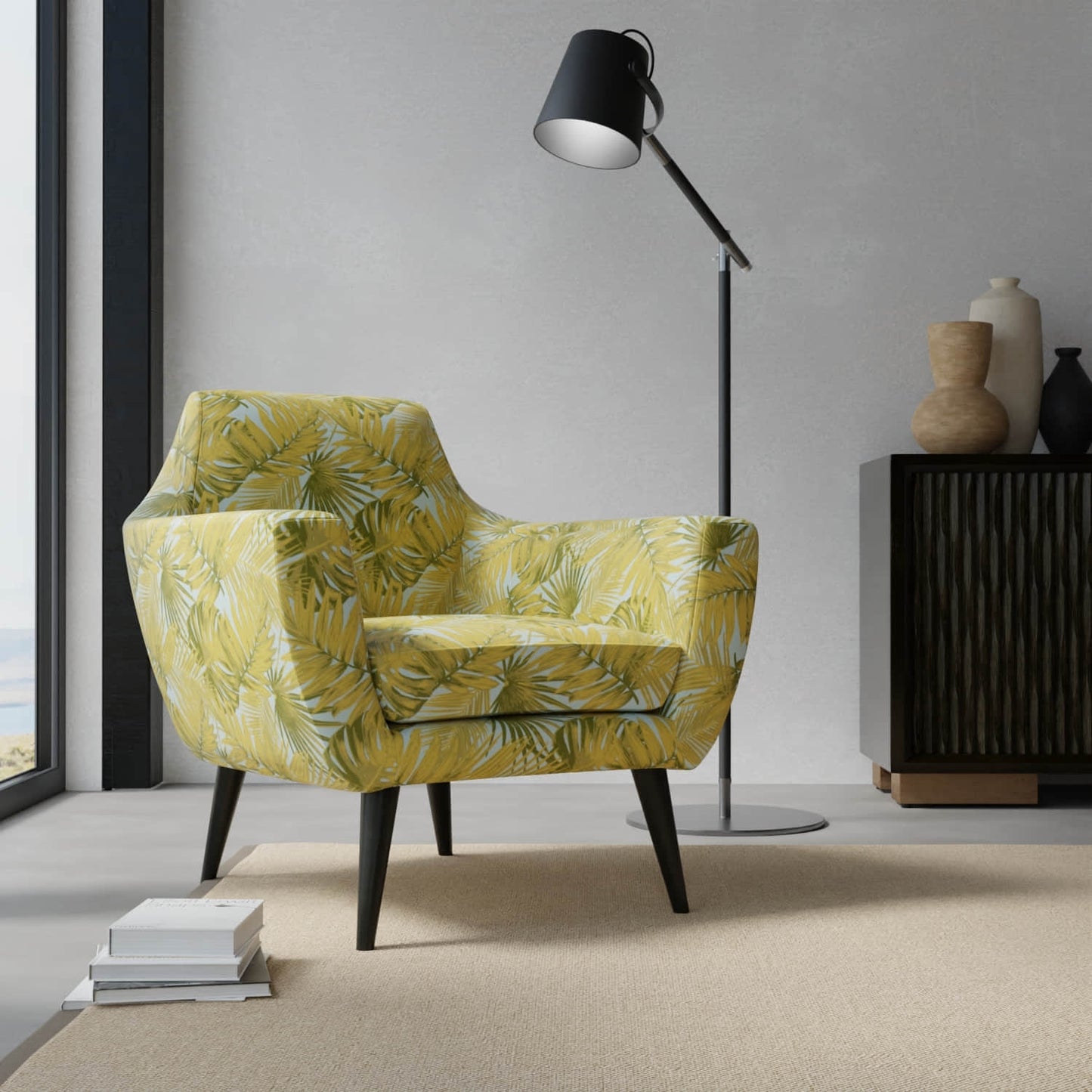 Elora Aqua upholstered on a contemporary chair