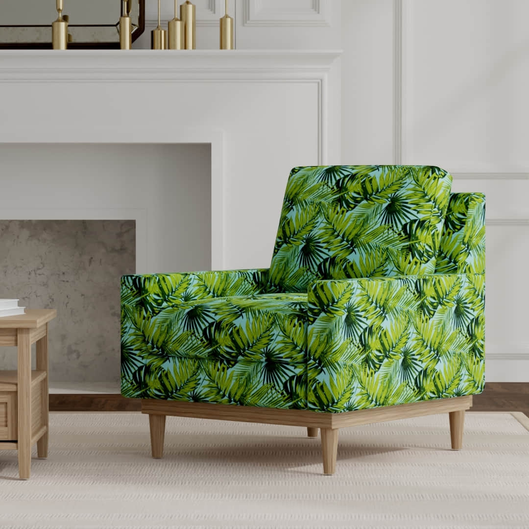 Elora Palm upholstered on a mid century modern chair