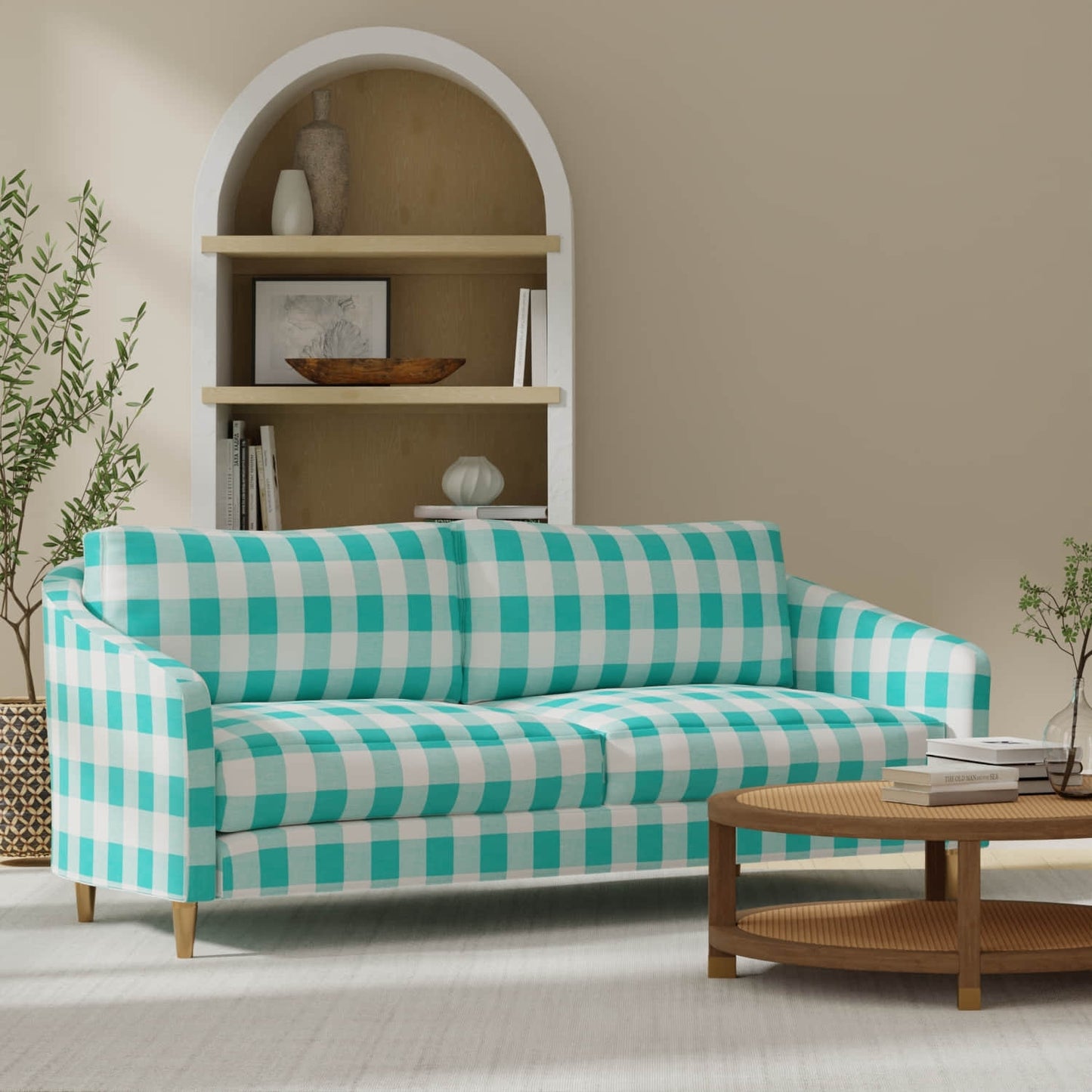 Jaelyn Turquoise upholstered on a couch