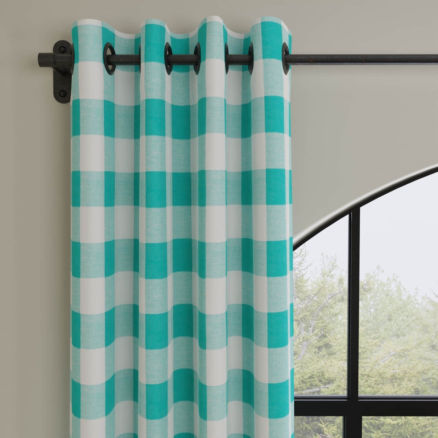 Jaelyn Turquoise made up on drapery