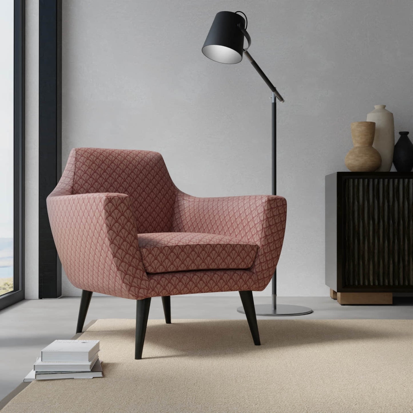 Joplin Merlot upholstered on a contemporary chair