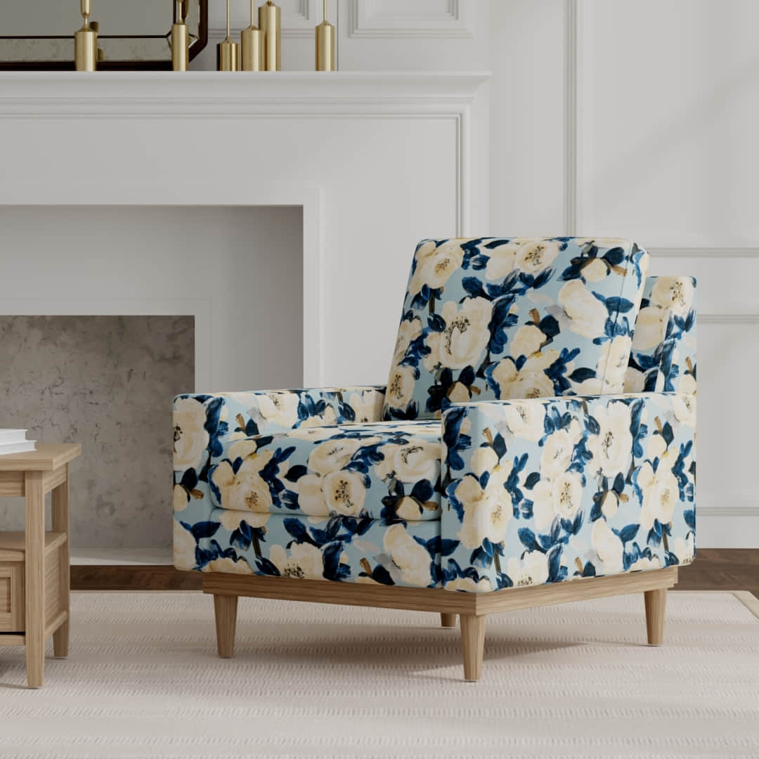 Julia Bluebell upholstered on a mid century modern chair