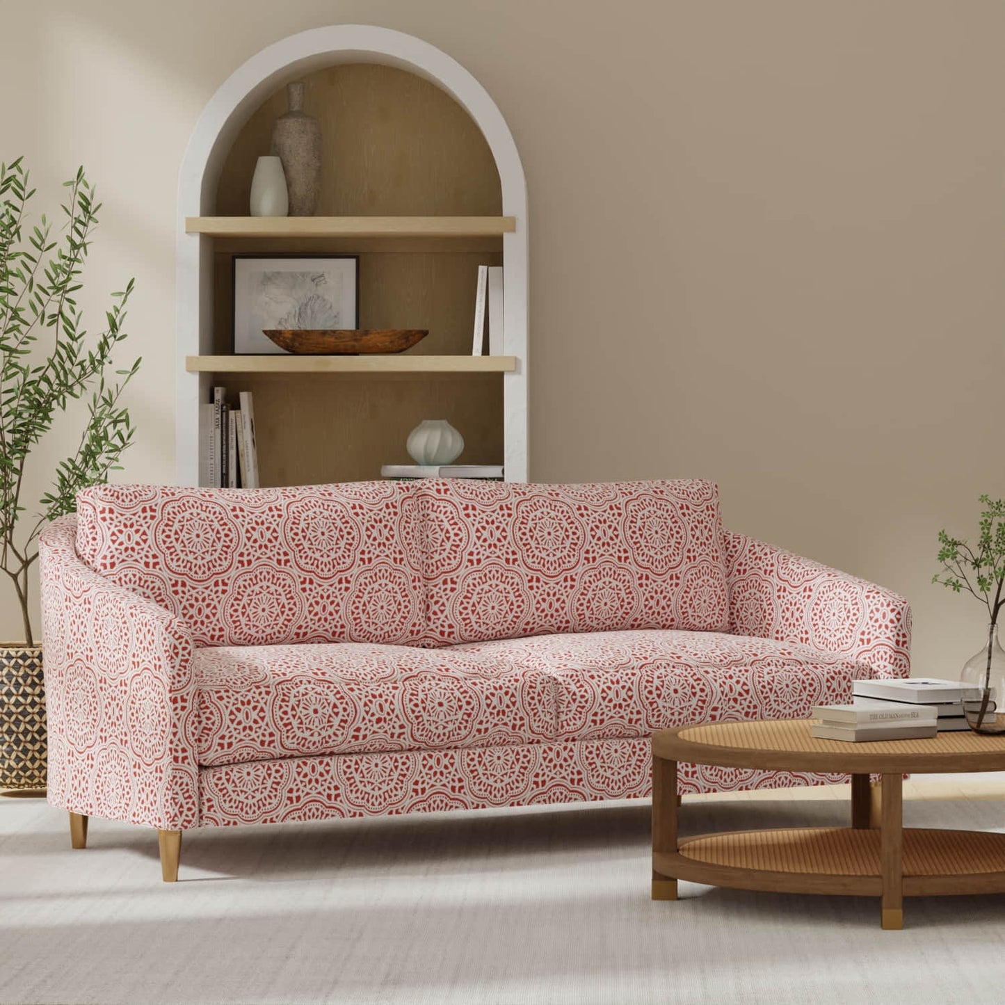 Newman Coral upholstered on a couch