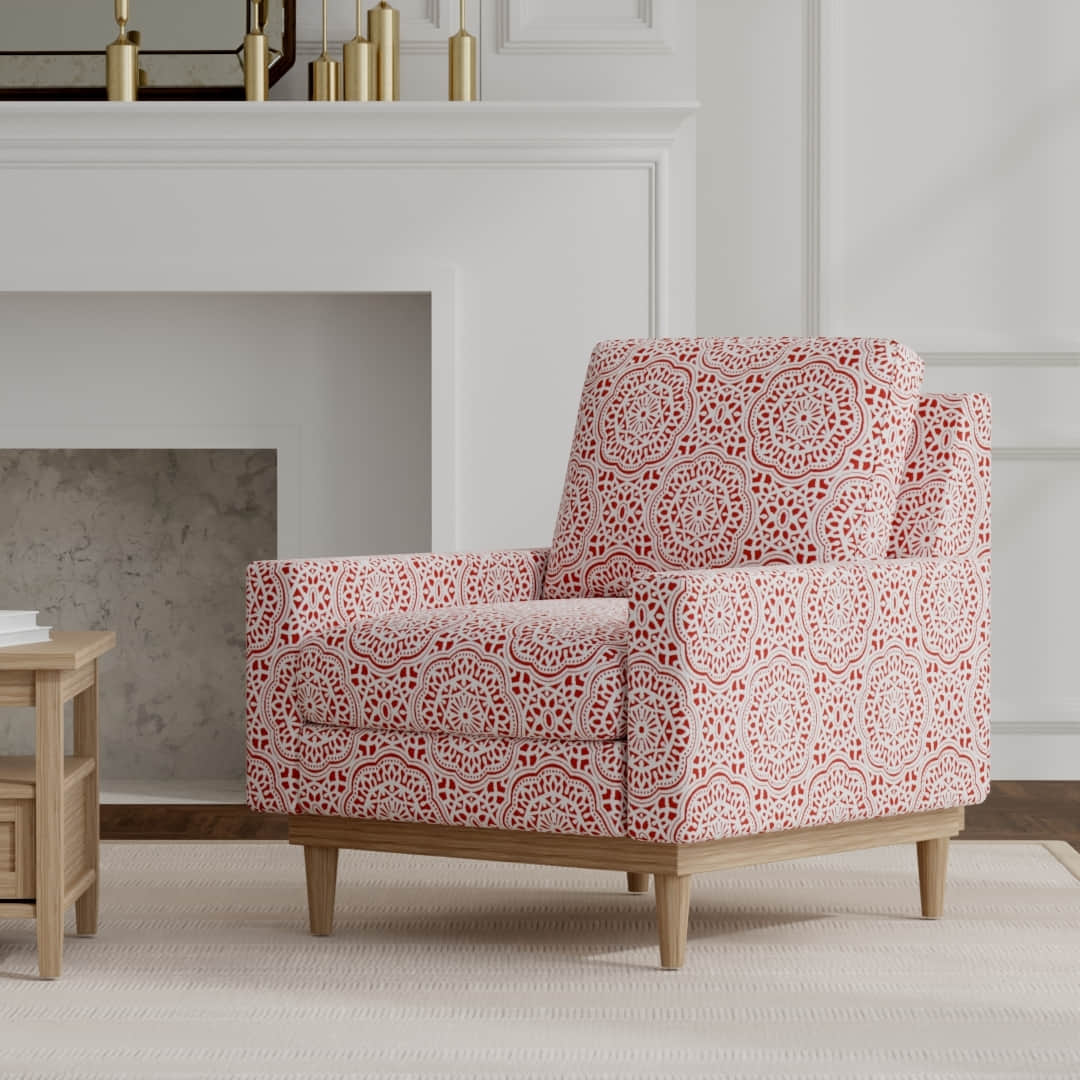 Newman Coral upholstered on a mid century modern chair