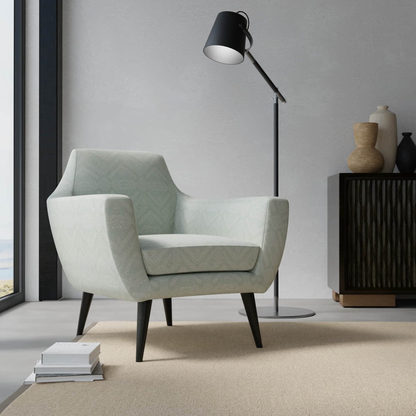 Rhea Haze upholstered on a contemporary chair