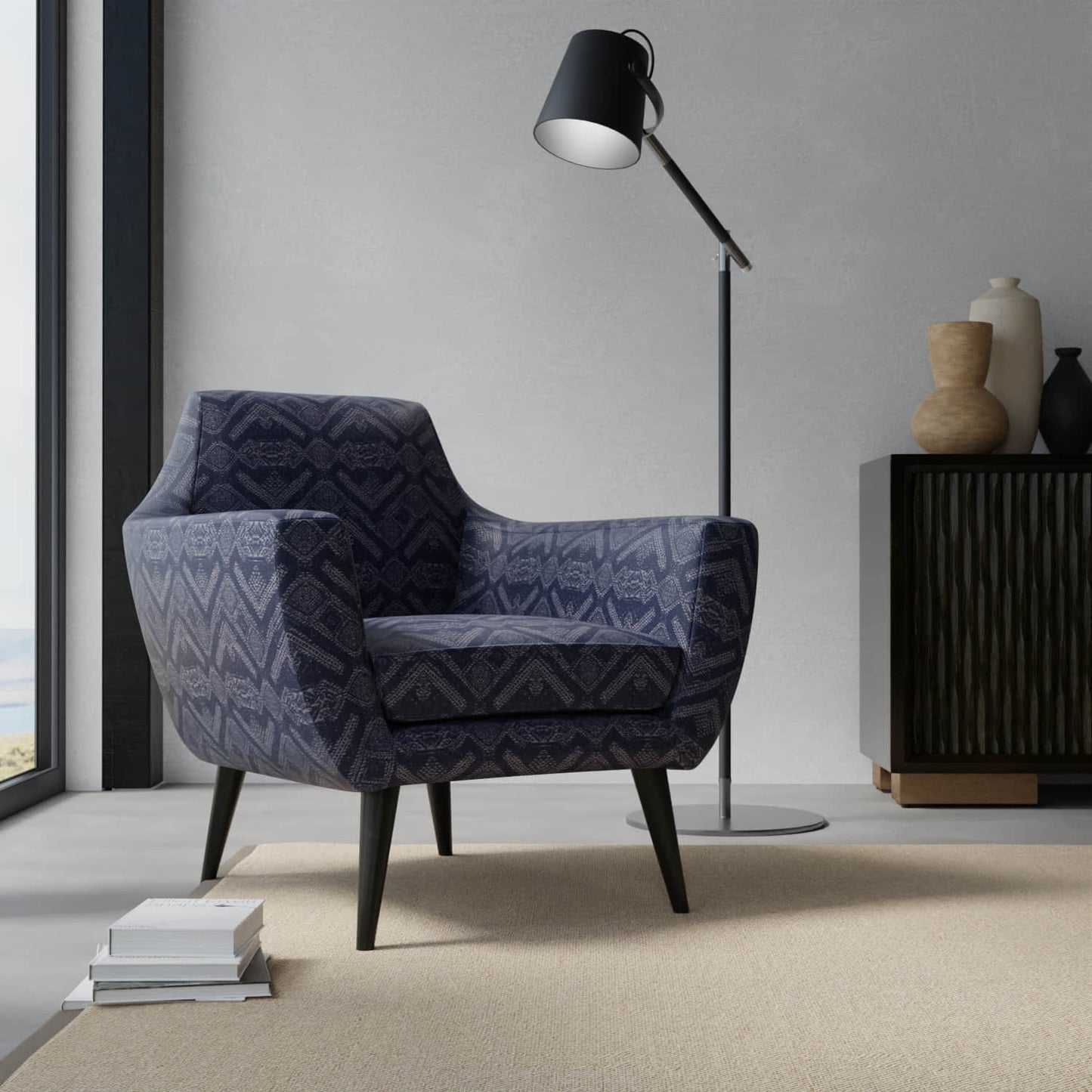 Rhea Midnight upholstered on a contemporary chair