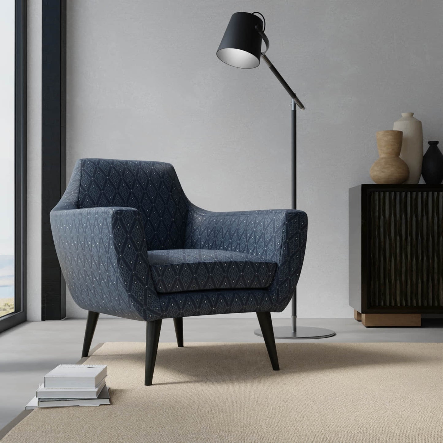 Waverly Navy upholstered on a contemporary chair