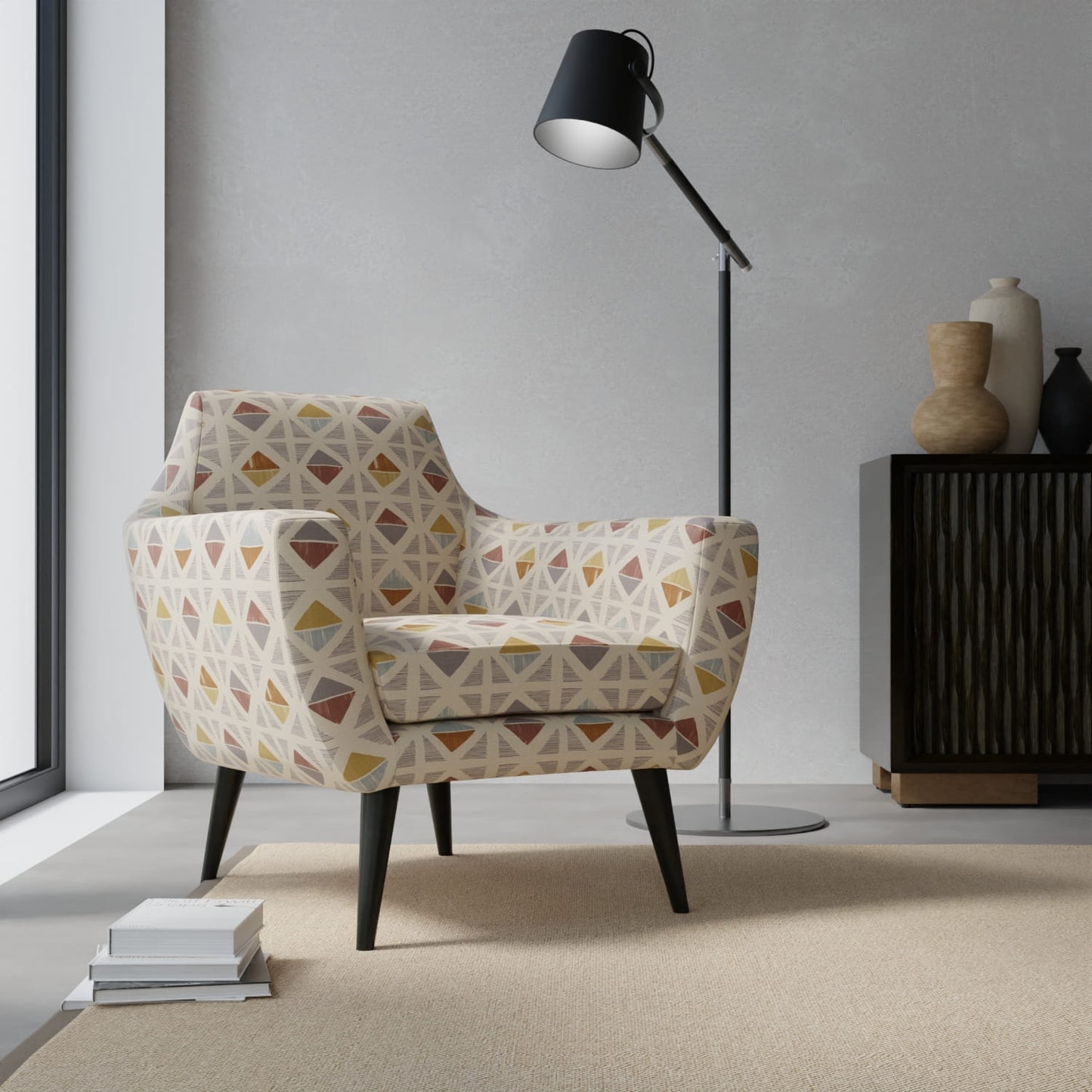 Zora Sangria upholstered on a contemporary chair