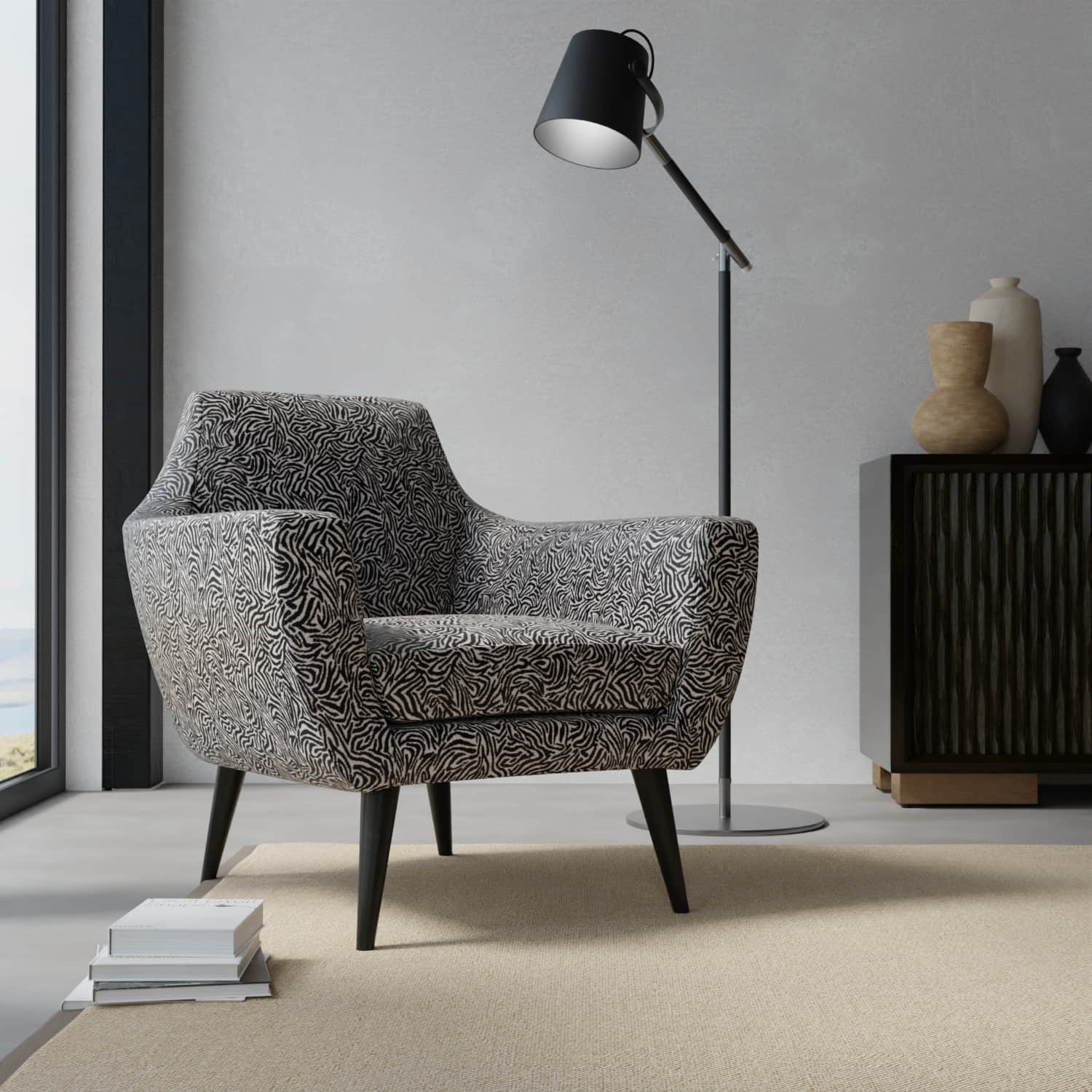 Oswego Black upholstered on a contemporary chair