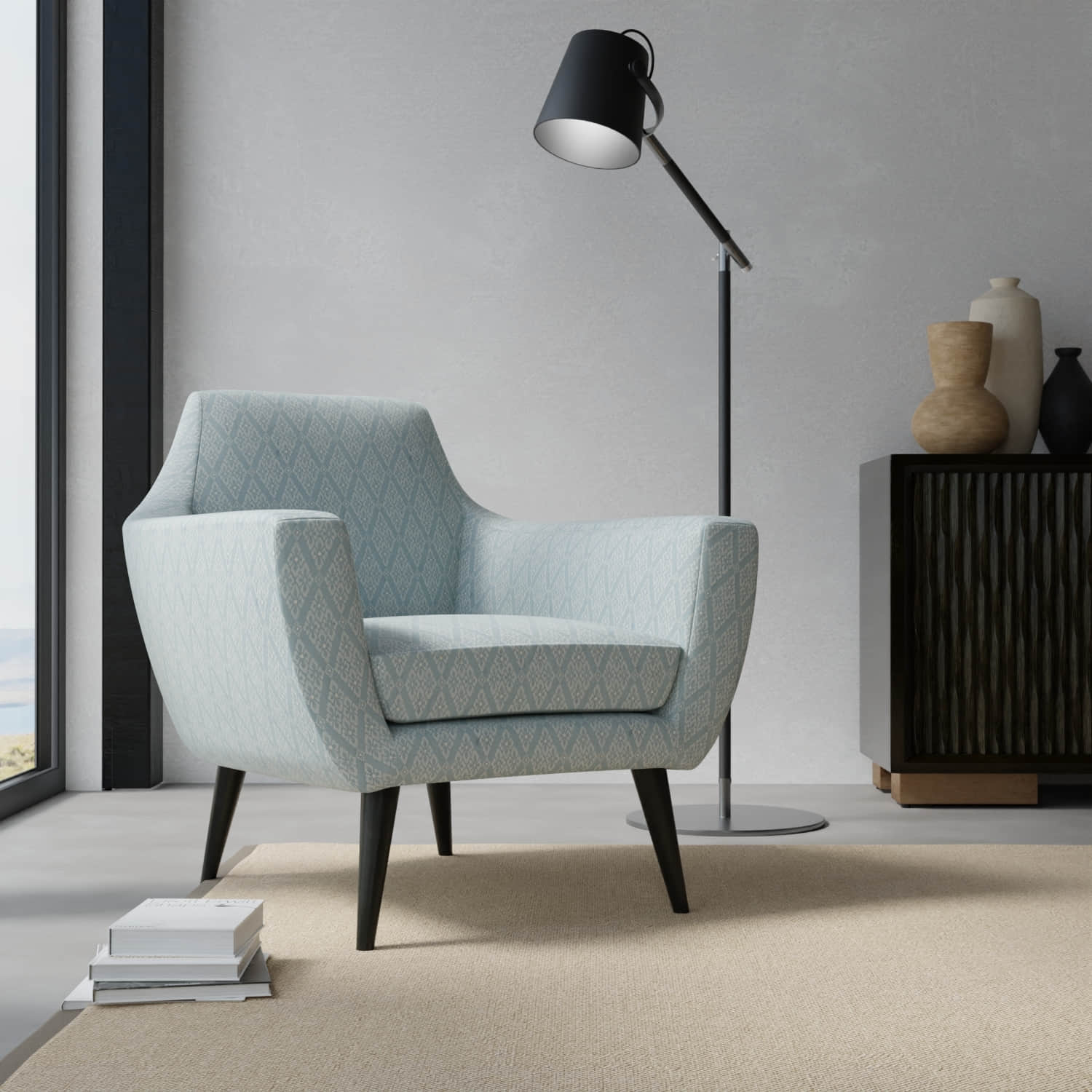 Waverly Azure upholstered on a contemporary chair